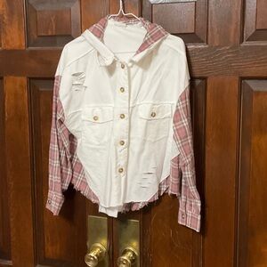 Dance & Marvel White and Pink Plaid Hooded Shirt